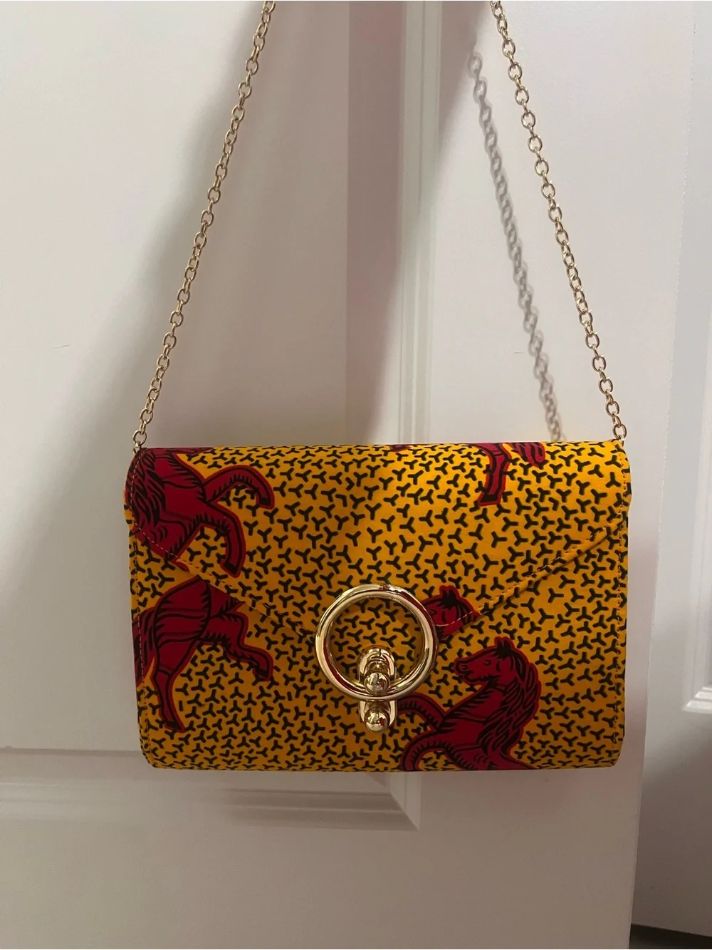 Yellow & Red Printed Envelope Clutch with Gold Ring Accent